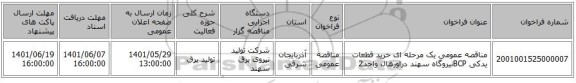 مناقصه، مناقصه عمومی یک مرحله ای خرید قطعات یدکی BCPنیروگاه سهند دراورهال واحد2