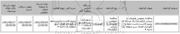 مناقصه، مناقصه عمومی همزمان با ارزیابی (یکپارچه) یک مرحله ای ترمیم،کاشت،داشت،حفظ و نگهداری فضای سبز منطقه یک-ناحیه 4