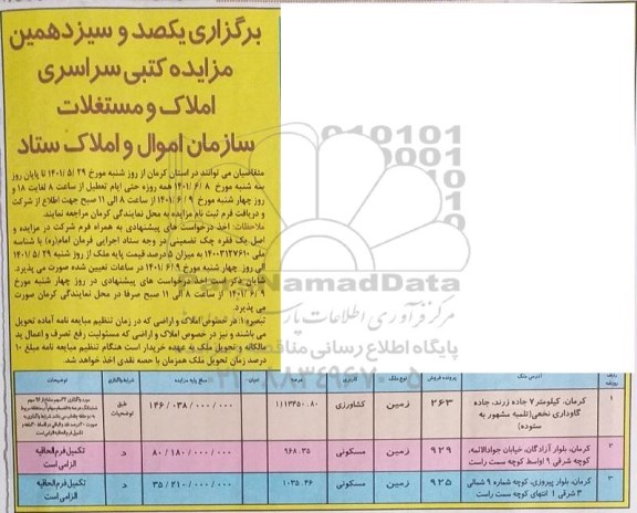 مزایده یکصد و سیزدهمین مزایده کتبی سراسری املاک و مستغلات