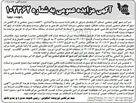 مزایده واگذاری 30 قطعه زمین صنعتی و کارگاهی نوبت دوم
