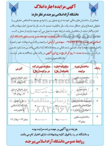 مزایده اجاره تعدادی از ساختمان ملکی