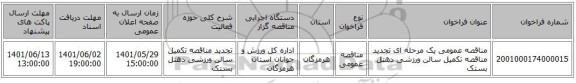 مناقصه، مناقصه عمومی یک مرحله ای تجدید مناقصه تکمیل سالن ورزشی دهتل بستک
