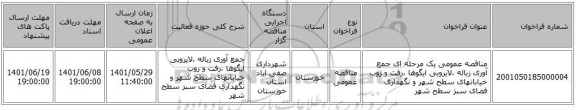 مناقصه، مناقصه عمومی یک مرحله ای جمع آوری زباله ،لایروبی ایگوها ،رفت و روب خیابانهای سطح شهر و نگهداری فضای سبز سطح شهر