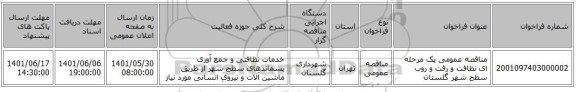مناقصه، مناقصه عمومی یک مرحله ای نظافت و رفت و روب سطح شهر گلستان