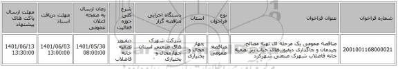 مناقصه، مناقصه عمومی یک مرحله ای تهیه مصالح، چیدمان و جاگذاری دیفیوزرهای حباب ریز تصفیه خانه فاضلاب شهرک صنعتی شهرکرد