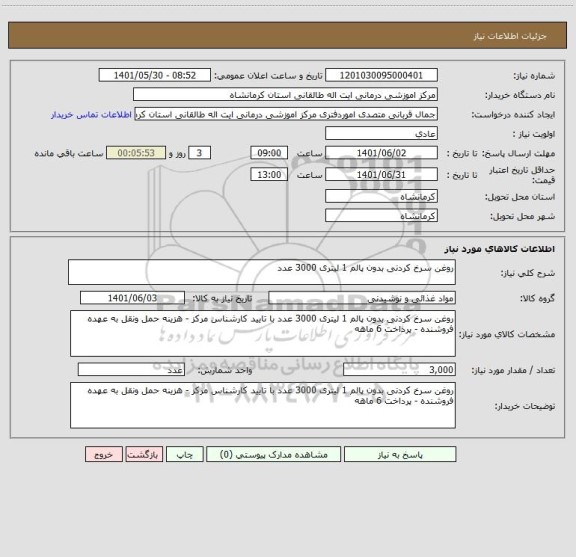 استعلام روغن سرخ کردنی بدون پالم 1 لیتری 3000 عدد