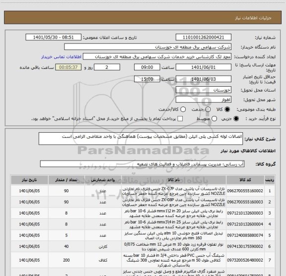 استعلام اتصالات لوله کشی پلی اتیلن (مطابق مشخصات پیوست) هماهنگی با واحد متقاضی الزامی است