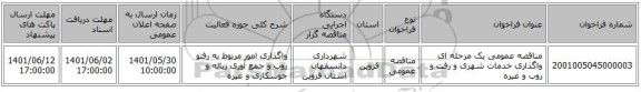 مناقصه، مناقصه عمومی یک مرحله ای واگذاری خدمات شهری و رفت و روب و غیره