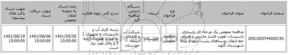 مناقصه، مناقصه عمومی یک مرحله ای بازسازی تاسیسات تقویت فشار ماندنی و اجرای خط انتقال روستاهای پشت دربها و بردلا شهرستان گتوند