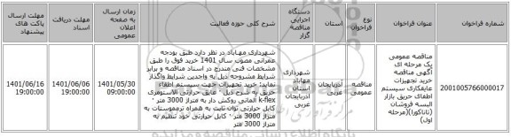 مناقصه، مناقصه عمومی یک مرحله ای آگهی مناقصه خرید تجهیزات عایقکاری سیستم اطفای حریق بازار البسه فروشان (تاناکورا)(مرحله اول)