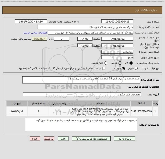 استعلام تابلو حفاظت و کنترل فیدر 33 کیلو ولت(مطابق مشخصات پیوست)