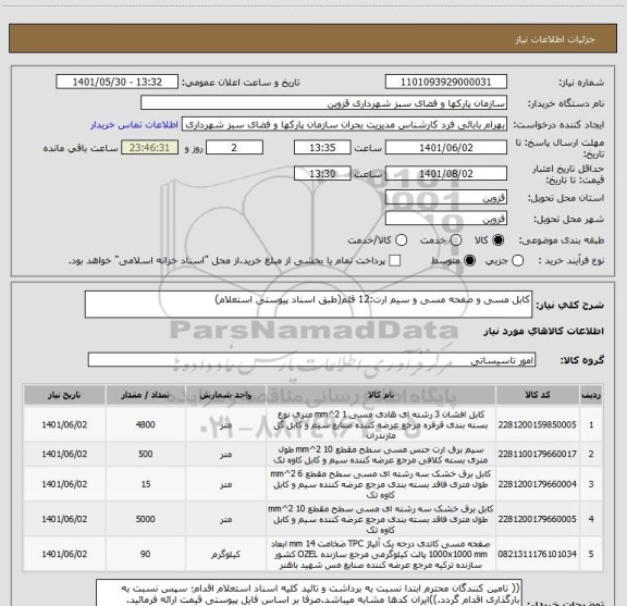 استعلام کابل مسی و صفحه مسی و سیم ارت:12 قلم(طبق اسناد پیوستی استعلام)