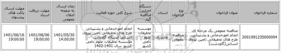 مناقصه، مناقصه عمومی یک مرحله ای انجام امورخدماتی و پشتیبانی طرح های تحقیقاتی تامین نیروی انسانی(گاودشت)