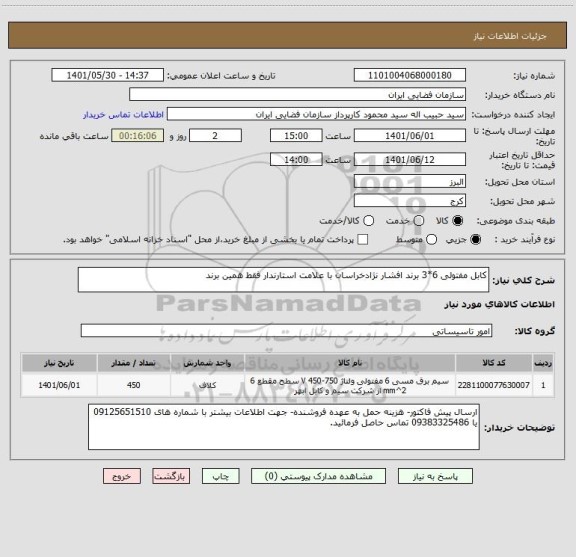 استعلام کابل مفتولی 6*3 برند افشار نژادخراسان با علامت استارندار فقط همین برند