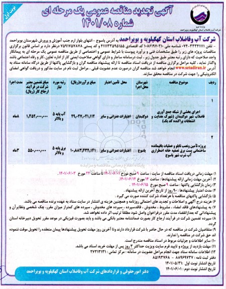 مناقصه عمومی اجرای بخشی از شبکه جمع آوری فاضلاب شهر ... - تجدید