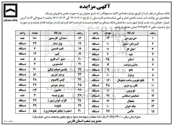 مزایده تعدادی اثاثیه مستهلک 