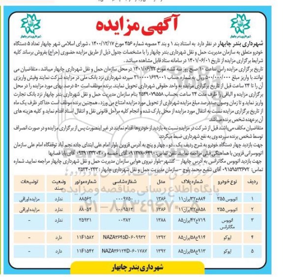 مزایده، مزایده فروش  تعداد ۵ دستگاه خودرو