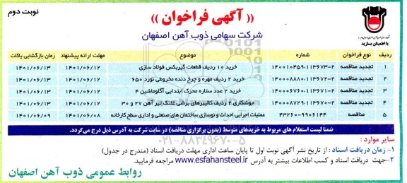 فراخوان مناقصه خريد 10 رديف قطعات گيربكس فولاد سازی  ... نوبت دوم