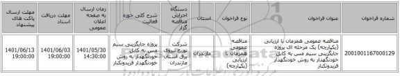 مناقصه، مناقصه عمومی همزمان با ارزیابی (یکپارچه) یک مرحله ای پروژه جایگزینی سیم مس به کابل خودنگهدار به روش خودنگهدار	فریدونکنار