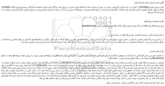 مزایده فروش خودرو سواری تیبا 231 مدل 1391 به رنگ سفید 