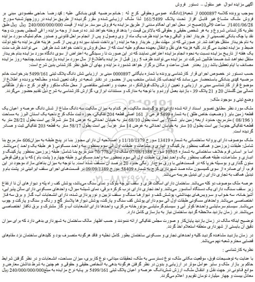 مزایده فروش سه دانگ مشاع از شش دانگ عرصه و اعیان یک قطعه زمین بایر ( وضعیت خاص طلق ) به شماره 5499 فرعی از 161 اصلی قطعه 204 تفکیکی 