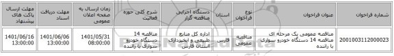 مناقصه، مناقصه عمومی یک مرحله ای مناقصه 14 دستگاه خودرو سواری با راننده