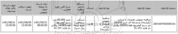 مناقصه، مناقصه عمومی همزمان با ارزیابی (یکپارچه) دو مرحله ای  خرید 60.000 متر سیم آلومینیوم فولاد(ACSR) روکش دار هاینا 141-01