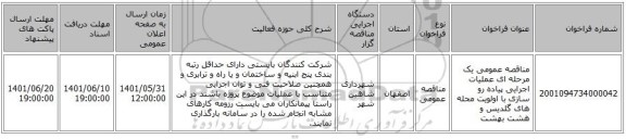 مناقصه، مناقصه عمومی یک مرحله ای عملیات اجرایی پیاده رو سازی با اولویت محله های گلدیس و هشت بهشت
