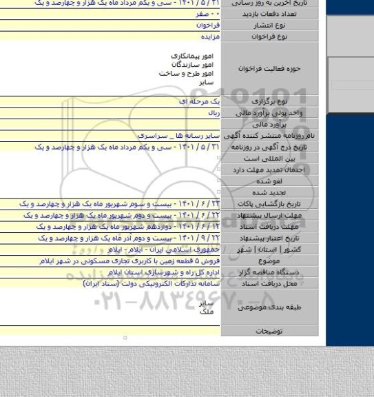 مزایده, فروش ۵ قطعه زمین با کاربری تجاری مسکونی در شهر ایلام