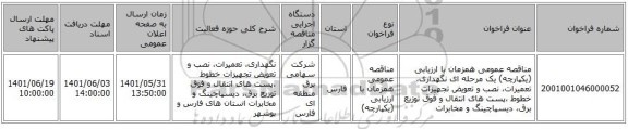 مناقصه، مناقصه عمومی همزمان با ارزیابی (یکپارچه) یک مرحله ای نگهداری، تعمیرات، نصب و تعویض تجهیزات خطوط ،پست های انتقال و فوق توزیع برق، دیسپاچینگ و مخابرات