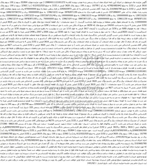 آگهی مزایده موازی 53/804 سهم از 100 سهم پلاک 3616 فرعی از 2152 