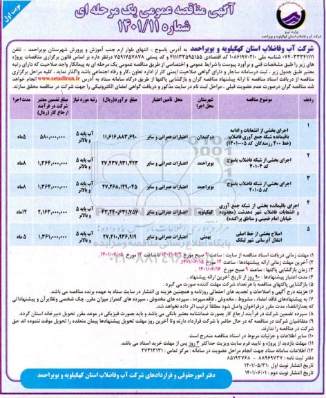 مناقصه عمومی اجرای بخشی از انشعابات و ادامه باقیمانده شبکه جمع آوری فاضلاب... 