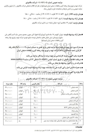 مزایده فروش اقلام ضایعاتی شرکت مگاموتور