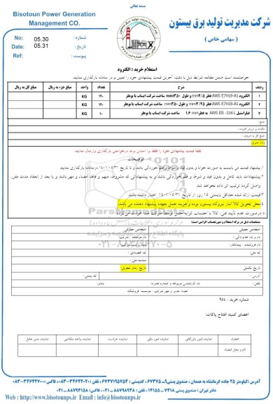 استعلام الکترود AWS E7018-A1 قطر MM2/5 و طول 350MM ساخت شرکت ایساب یا بوهلر 