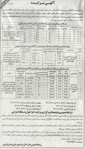 مزایده فروش تعداد 6 قطعه زمین با کاربری تجاری و 12 واحد تجاری مغازه های - نوبت دوم