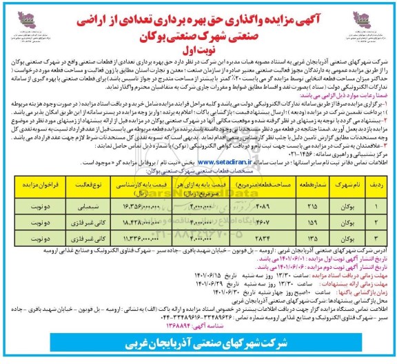 آگهی مزایده واگذاری حق بهره برداری تعدادی از اراضی صنعتی شهرک صنعتی بوکان
