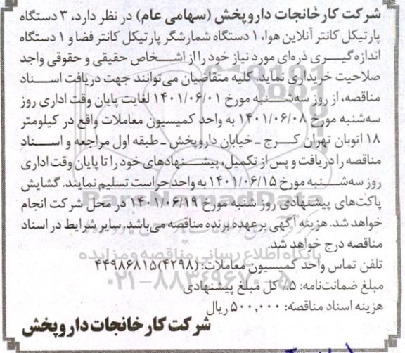 مناقصه 3 دستگاه پارتیکل کانتر آنلاین هوا ....