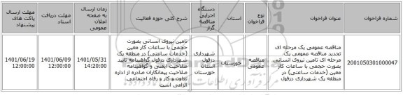 مناقصه، مناقصه عمومی یک مرحله ای تجدید مناقصه عمومی یک مرحله ای تامین نیروی انسانی بصورت حجمی با ساعات کار معین (خدمات ساعتی) در منطقه یک شهرداری دزفول