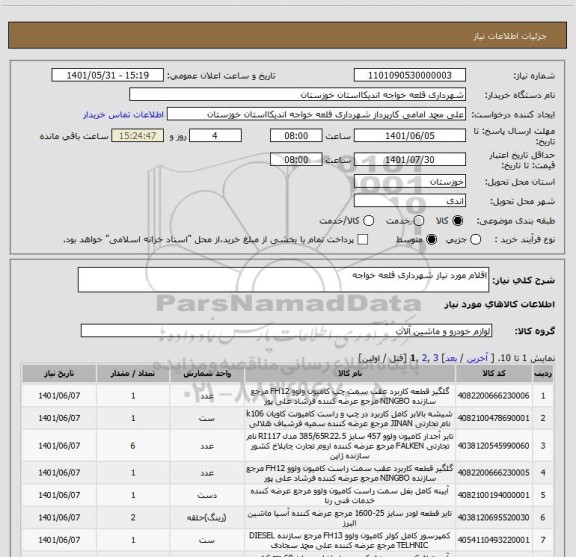 استعلام اقلام مورد نیاز شهرداری قلعه خواجه