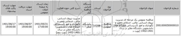 مناقصه، مناقصه عمومی یک مرحله ای مدیریت نیروی انسانی، مالی، خدماتی،تعمیر و نگهداری و امور تأسیساتی خوابگاه های دانشجویی دانشگاه ملایر در سال 1401-1402 (نوبت د