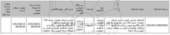 مناقصه، فراخوان ارزیابی کیفی تجدید اجرای عملیات حدود 132 متر خط تغذیه به قطر 4الی30اینچ بصورت پراکنده و تکمیل کارهای باقیمانده قبلی در منطقه درچه-کهریزسنگ اصفه