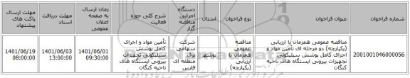 مناقصه، مناقصه عمومی همزمان با ارزیابی (یکپارچه) دو مرحله ای تأمین مواد و اجرای کامل پوشش سیلیکونی تجهیزات بیرونی ایستگاه های ناحیه کنگان