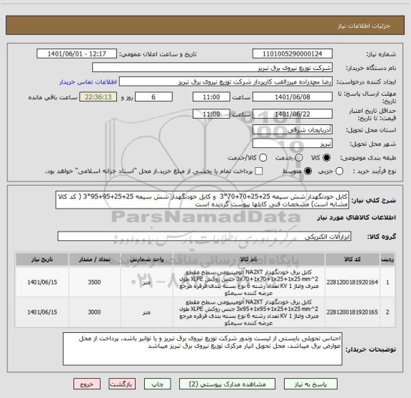 استعلام کابل خودنگهدار شش سیمه 25+25+70+70*3  و کابل خودنگهدار شش سیمه 25+25+95+95*3 ( کد کالا مشابه است) مشخصات فنی کابلها پیوست گردیده است