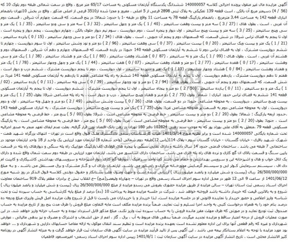 آگهی مزایده ششدانگ یکدستگاه آپارتمان مسکونی به مساحت 65/17 متر مربع