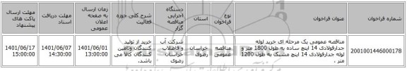 مناقصه، مناقصه عمومی یک مرحله ای خرید لوله جدارفولادی 14 اینچ ساده به طول 1800 متر و لوله جدارفولادی 14 اینچ مشبک به طول 1200 متر ،