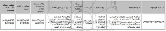 مناقصه، مناقصه عمومی همزمان با ارزیابی (یکپارچه) یک مرحله ای طرح آبرسانی شهر بجستان (احداث ایستگاه پمپاژ شماره3 خط انتقال شهر بجستان)