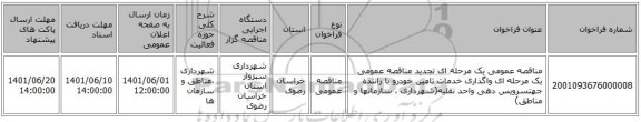مناقصه، مناقصه عمومی یک مرحله ای تجدید مناقصه عمومی یک مرحله ای واگذاری خدمات تامین خودرو با راننده جهتسرویس دهی واحد نقلیه(شهرداری ، سازمانها و مناطق)