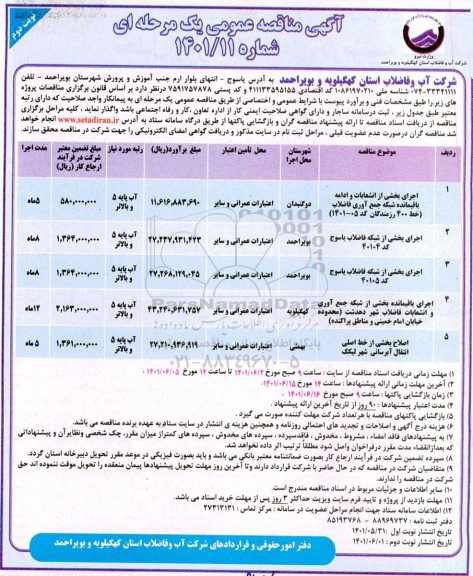 مناقصه عمومی اجرای بخشی از انشعابات و ادامه باقیمانده شبکه جمع آوری فاضلاب... - نوبت دوم