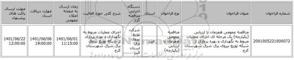 مناقصه، مناقصه عمومی همزمان با ارزیابی (یکپارچه) یک مرحله ای اجرای عملیات مربوط به نگهداری و بهره برداری از شبکه توزیع  نیروی برق شرق شهرستان کرج