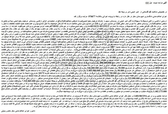 مزایده فروش میزان مبذر محلی 120 من مشاع زمین آبی و 210 من مشاع زمین دیمی 